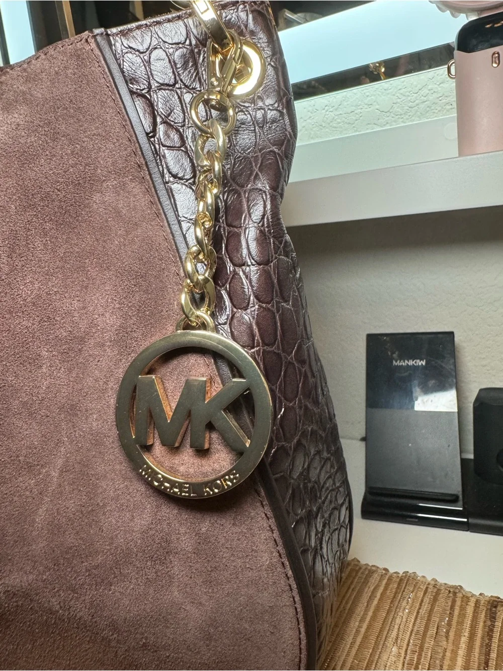 Michael Kors Taupe Suede Hobo with Gold MK Charm